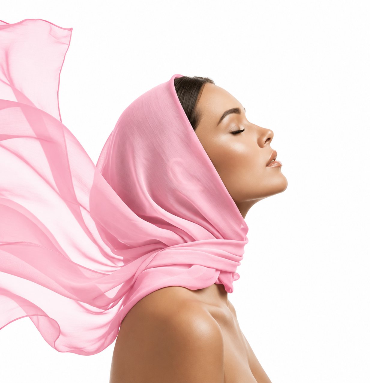Woman in profile wrapped in a flowing pink scarf